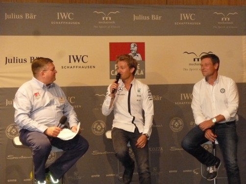 Paolo Spaluto CEO der Passione Caracciola stellt gemeinsam mit Nico Rosberg und Bernd Mailänder die Rallye vor  (vlnr)